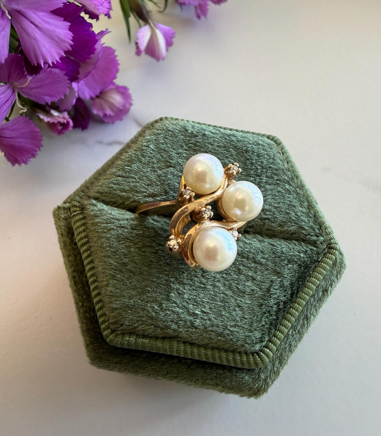 Vintage pearl &amp; diamond ring in 14K gold • Size 5.75 • $545