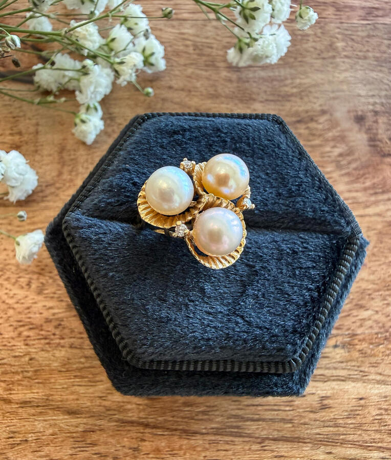 pearl cluster ring in sculptural 14K gold • Size 7 • $545