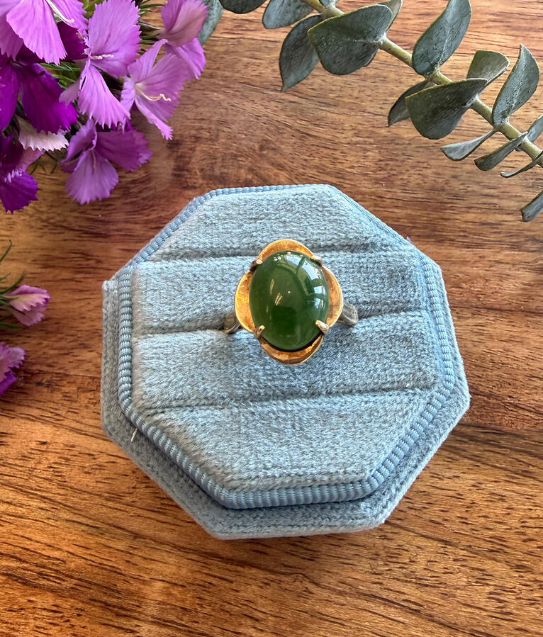 Deep green nephrite jade in 14K gold • Size 6 • $625