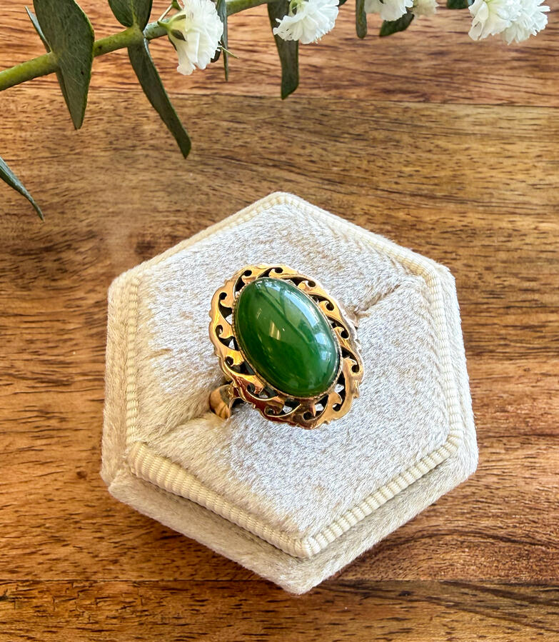 Deep green nephrite jade in 14K gold • Size 7.5 • $585